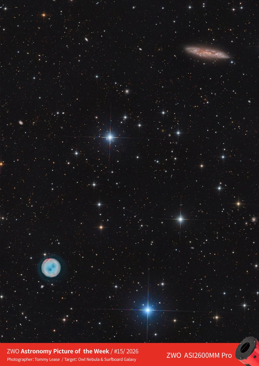 zwoastro's tweet image. #ASIWEEK #15/2026 Winner: Tommy Lease
Congratulations on this stunning capture!
Target: Owl Nebula &amp;amp; Surfboard Galaxy
Main Equipment:
10-inch Newtonian telescope
ASI2600MM Pro
Detailed: bit.ly/41jrdTB

#ZWO #astronomy