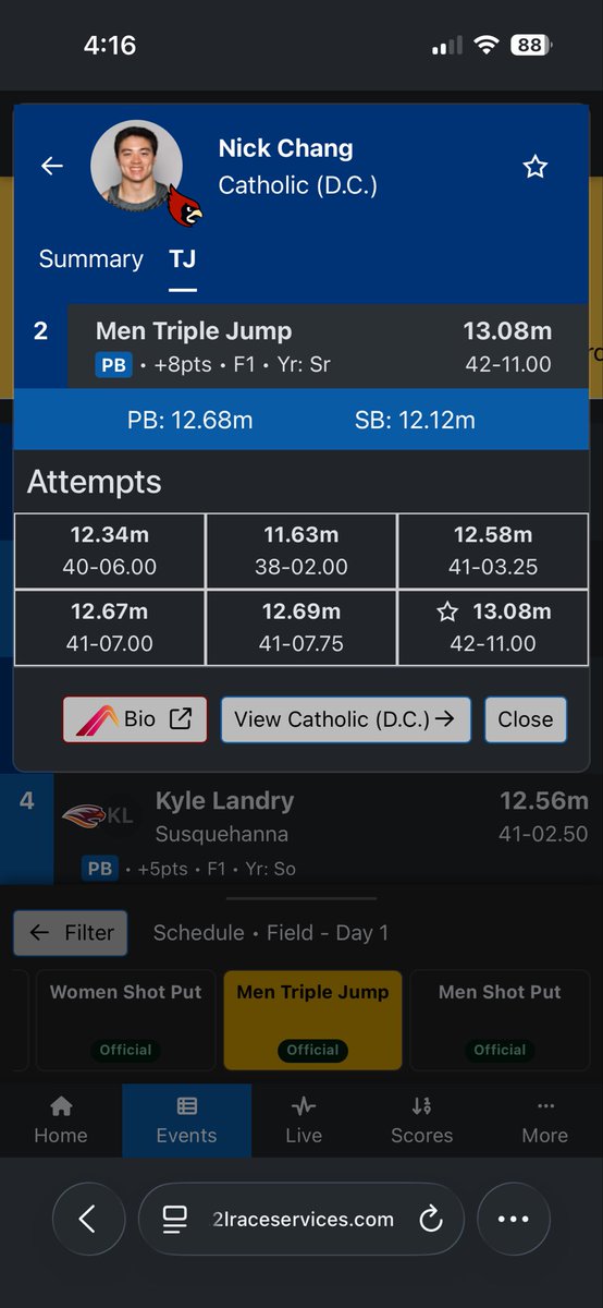 NickChang125's tweet photo. Results from indoor conference championships on February 28th. 
Placed 2nd overall, earning second team all conference honors. 
5 out of 6 jumps were season best’s, ultimately leading to a PR of 13.08m. 

Pleased, but never satisfied. Aiming for 1st place in outdoor. https://t.co/jaTdFZ0lK4