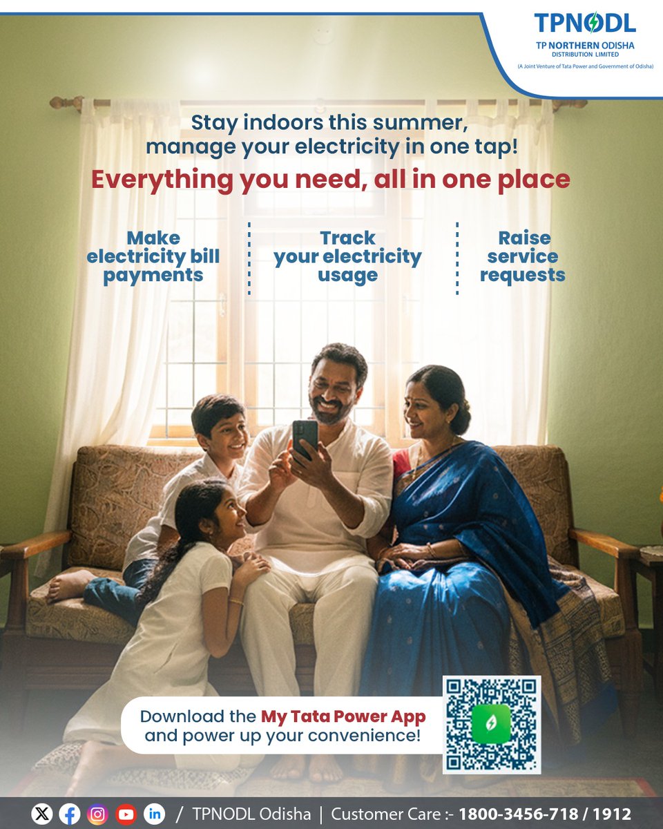 tpnodl_odisha's tweet image. Skip the hassle of stepping out this summer and manage your electricity with ease.

Get instant updates and round-the-clock support for a smarter, more convenient experience.

Download the app for quick, simple assistance.

 #MyTataPowerApp #DigitalConvenience #StayConnected