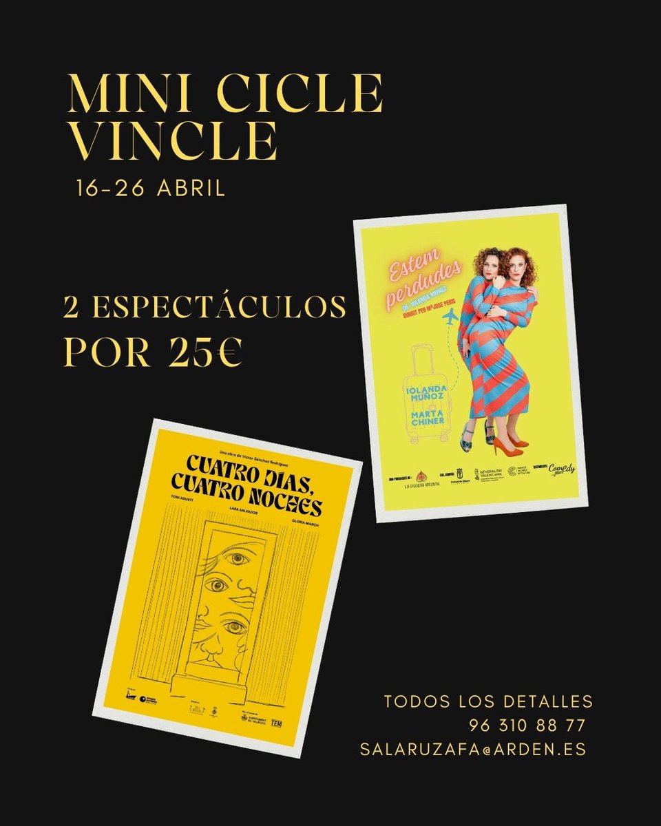salarussafa's tweet photo. #ProgramaciónSR Ponemos en marcha una promoción especial para el Mini Cicle #Vincle.
Por 25€ y en cualquiera de las funciones programadas de jueves a domingo, puedes ver los espectáculos #EstemPerdudes (16 – 19 abril) y #CuatroDiasCuatroNoches (23 – 26 abril). https://t.co/MeLfUSxDjK