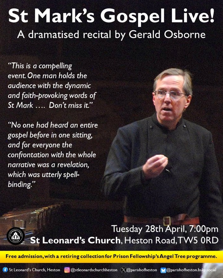 parishofheston's tweet image. Experience Mark's Gospel like never before. Gerald Osborne delivers a powerful, fully dramatised recital of the entire Gospel: performed in one gripping sitting, just as it was first heard.
28th April, 7pm, free admission (with retiring collection)
#StMarksGospel #LivePerformance