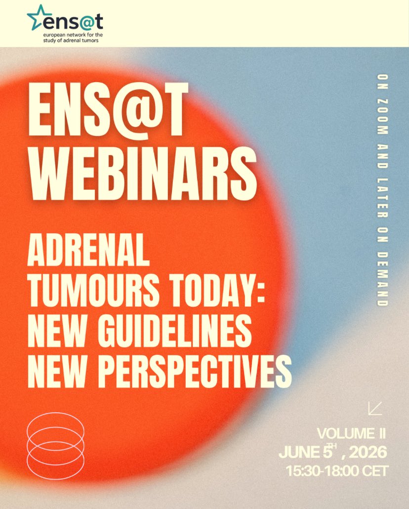 ENSAT_news's tweet photo. ‼️ SAVE THE DATE: The 2nd edition of our #educational webinars is coming on 5th June 2026. 
ℹ️ Topic: updates on #adrenalcancer #adrenocorticalcarcinoma #pheochromocytoma #PPGL
➡️ Stay tuned for more details.
@EYEScientists @ESEndocrinology @A5_Adrenal https://t.co/CrRuxLMVt1
