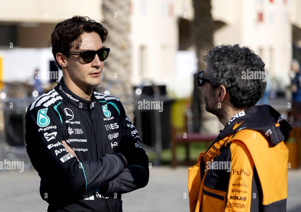 avrilthekween's tweet photo. George Russell getting all the gossip during Bahrain testing 🤭😂 https://t.co/hzac8EoBlA