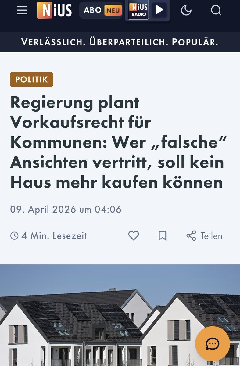 Unfassbar.
Demnach sollen Kommunen ein Vorkaufsrecht bekommen, wenn der potenzielle Käufer einer Immobilie „verfassungsfeindliche Bestrebungen“ verfolgt. Um diese Bestrebungen zu überprüfen, will die Regierung sogar das Verfassungsschutzgesetz ändern, damit der Verfassungsschutz