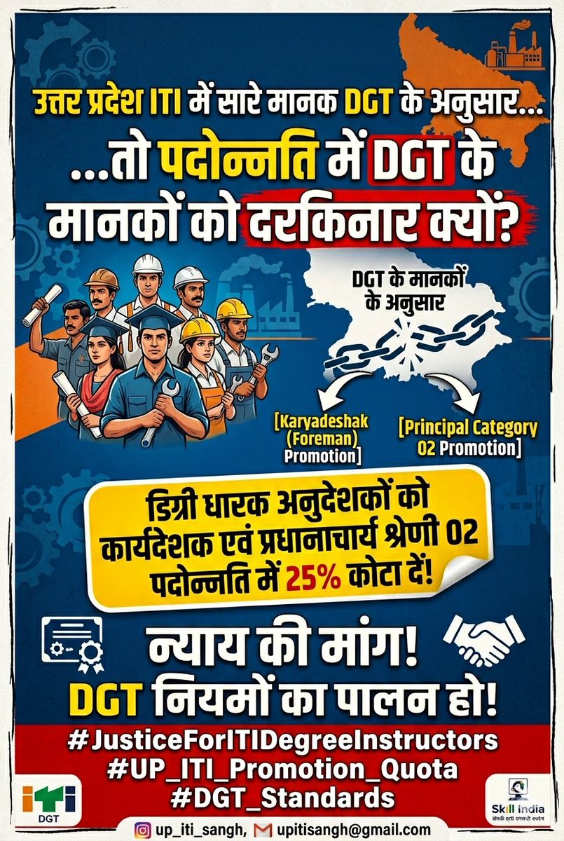 0319d129b2c2419's tweet photo. @dr_hariom_ias @CMOfficeUP
@jayantrld @KapilDevBjp
हमारी मांगें:
✅ डिग्री धारक अनुदेशकों को कार्यदेशक (Foreman) पदोन्नति में 25% कोटा मिले।
✅ डिग्री धारक अनुदेशकों को प्रधानाचार्य श्रेणी-02 की पदोन्नति में 25% कोटा सुनिश्चित हो।
कृपया संज्ञान लें
#ITI_Principal_promotion_rule https://t.co/nvBEflQjpc