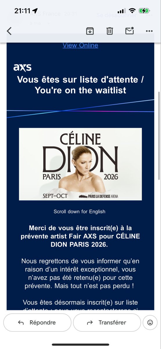 rie_simply's tweet photo. @djoikoliv @NewsDion Très mal fait tout ça…. J’ai carrément reçu un mail hier d’AXS me disant que j’étais sur liste d’attente…. JPP https://t.co/DFG0udEOoI