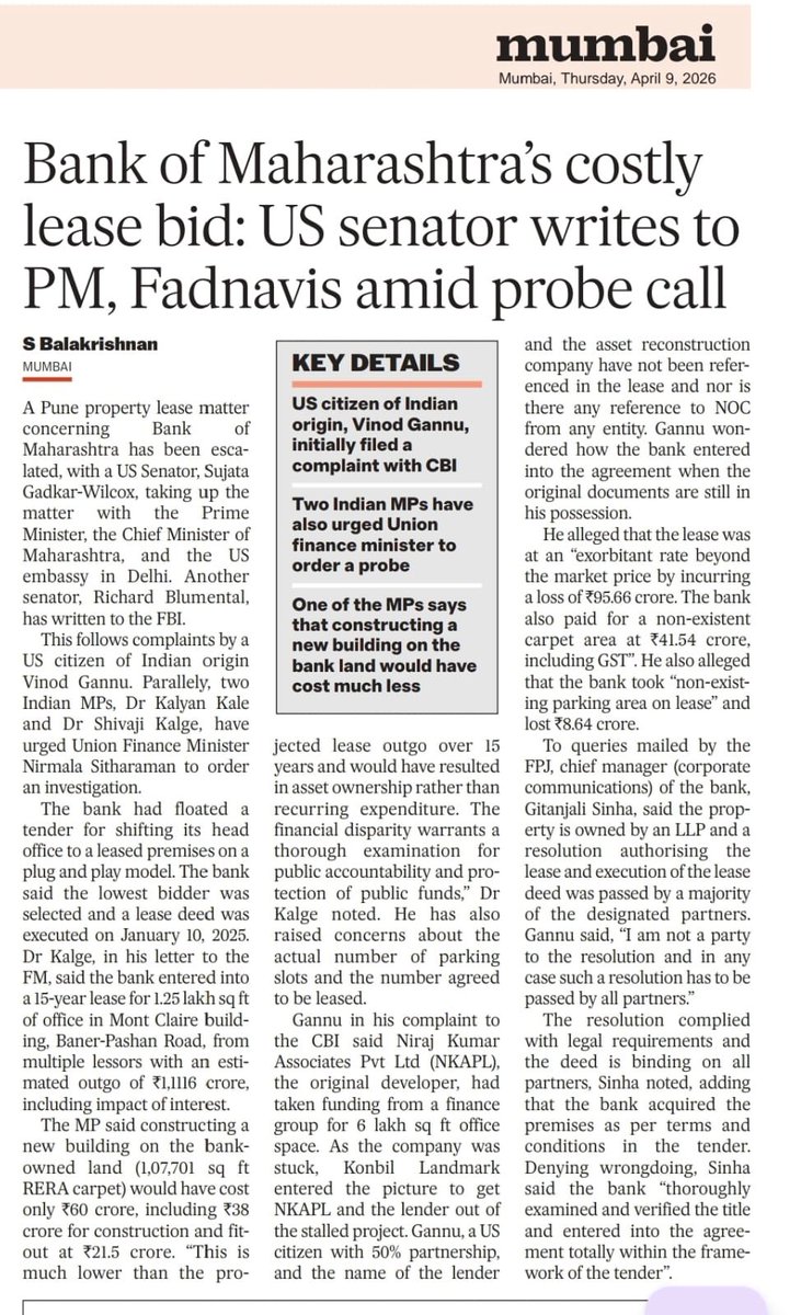 VijayKumbhar62's tweet image. Bank of Maharashtra’s costly lease bid: US Senator writes to PM &amp;amp; Fadnavis amid probe calls  

A Pune property lease deal has sparked major controversy. US citizen Vinod Gannu filed #CBI complaint; two Indian MPs urged FM Nirmala Sitharaman for probe. Questions raised over
