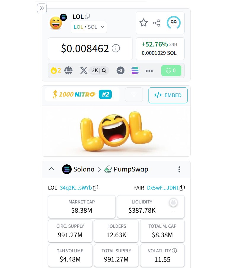 LOL continues to dominate crypto mindshare → trending everywhere 😂

<a href="/DEXToolsApp/">DEXTools</a> → $LOL is about to make memecoins great again → but not just on Solana → across all chains 😂

dextools.io/app/token/lolo…