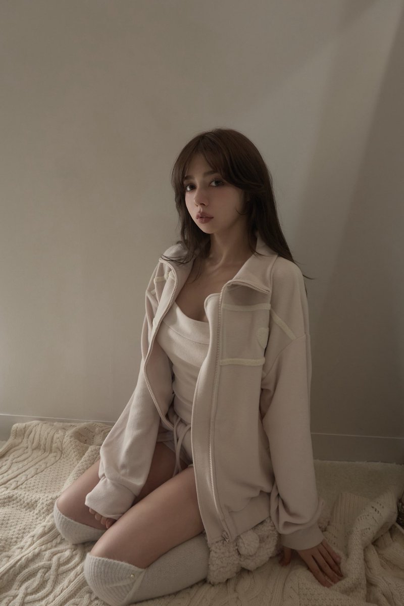 Milky pile heart zip tops color pink beige ¥14300-tax in 気負わず