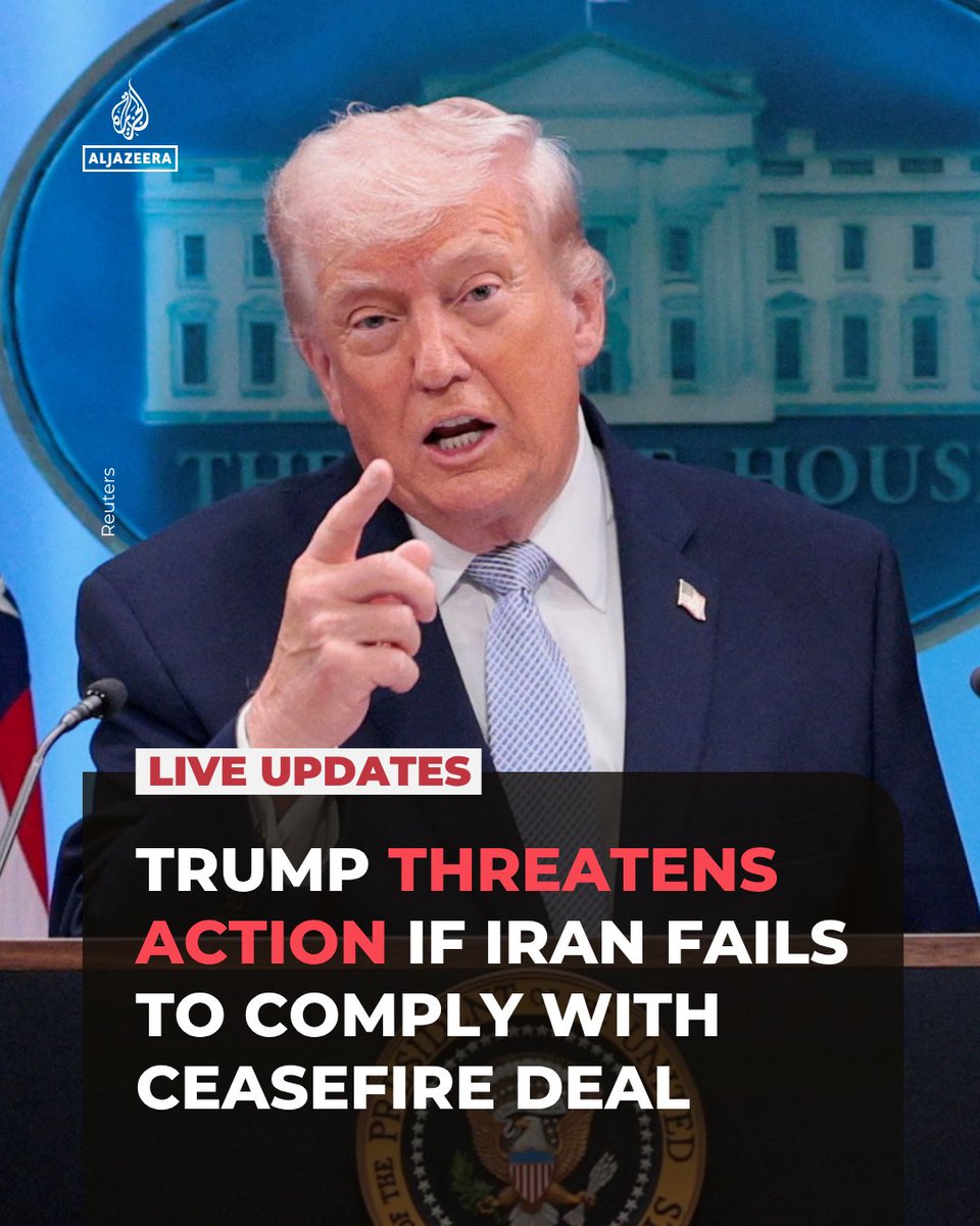 AJEnglish's tweet photo. President Trump has threatened action if Iran does not comply with the "real agreement," as Tehran says the "terms are clear" on Lebanon and the US must choose between a "ceasefire or continued war via Israel."

🔴Follow our LIVE coverage: https://t.co/b3wwTTJlBs https://t.co/TxRbaRqJrA