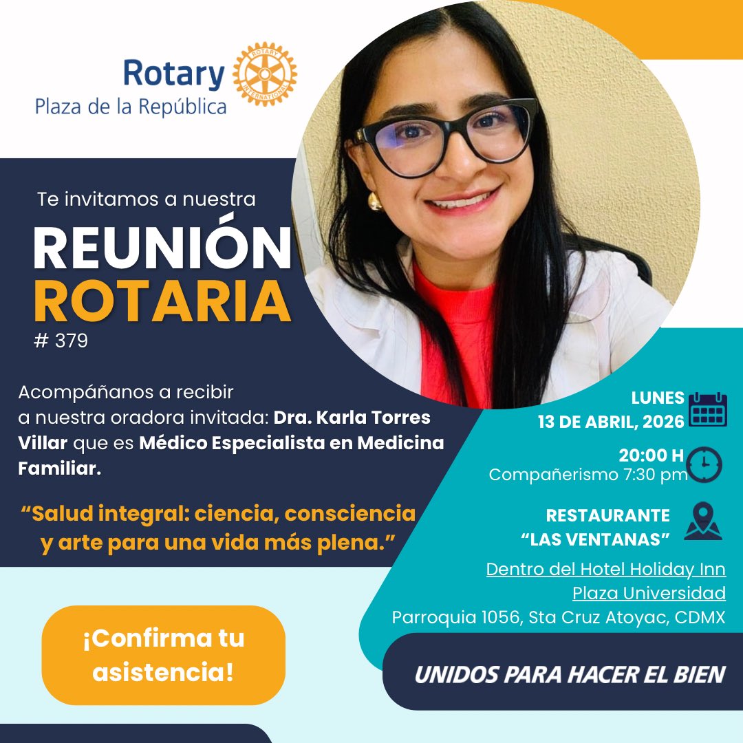 Los esperamos el Lunes 13 de abril, en nuestra reunión semanal, contaremos con oradora de lujo, Dra. Karla Torres @karla_tvil que es Médico, que nos hablará de: “Salud integral: ciencia, consciencia y arte para una vida más plena.” es importante confirmar asistencia.