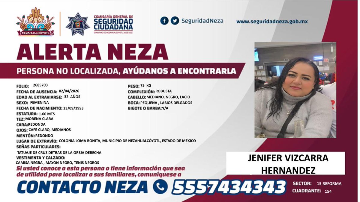 🆘 #AlertaNeza | Solicitamos tu apoyo para localizar a #Jennifer Vizcarra Hernández. 

Comparte esta información, tu ayuda es muy importante.

Comunícate al 📞 55 57 43 43 43.