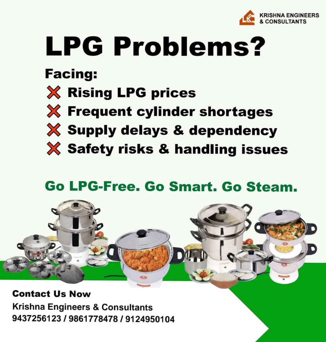 krishnaenergy2's tweet image. Tired of LPG hassles? Switch to smarter cooking!
No more high prices, shortages, or safety worries.
Go LPG-Free. Go Smart. Go Steam. ♨️
Efficient, safe &amp;amp; reliable for every kitchen.
📞 Krishna Engineers &amp;amp; Consultants
9437256123 / 9861778478
#LPGFree #SmartCooking #SteamCooking