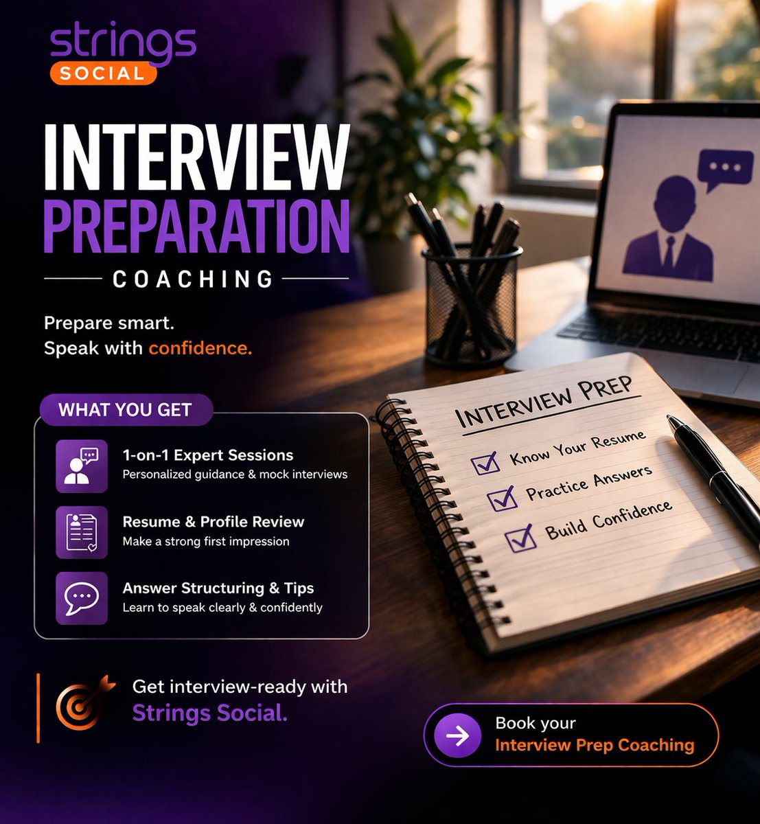 strings_social's tweet photo. Nail your next interview with confidence. 💼🔥
From answers to mindset — get coached the right way.
👉 Book your interview prep coaching on Strings Social.

#InterviewPrep #CareerGrowth #JobReady
#InterviewTips #CrackTheInterview
#ProfessionalGrowth #LevelUpCareer
#StringsSocial https://t.co/7Ey6kd1CUe