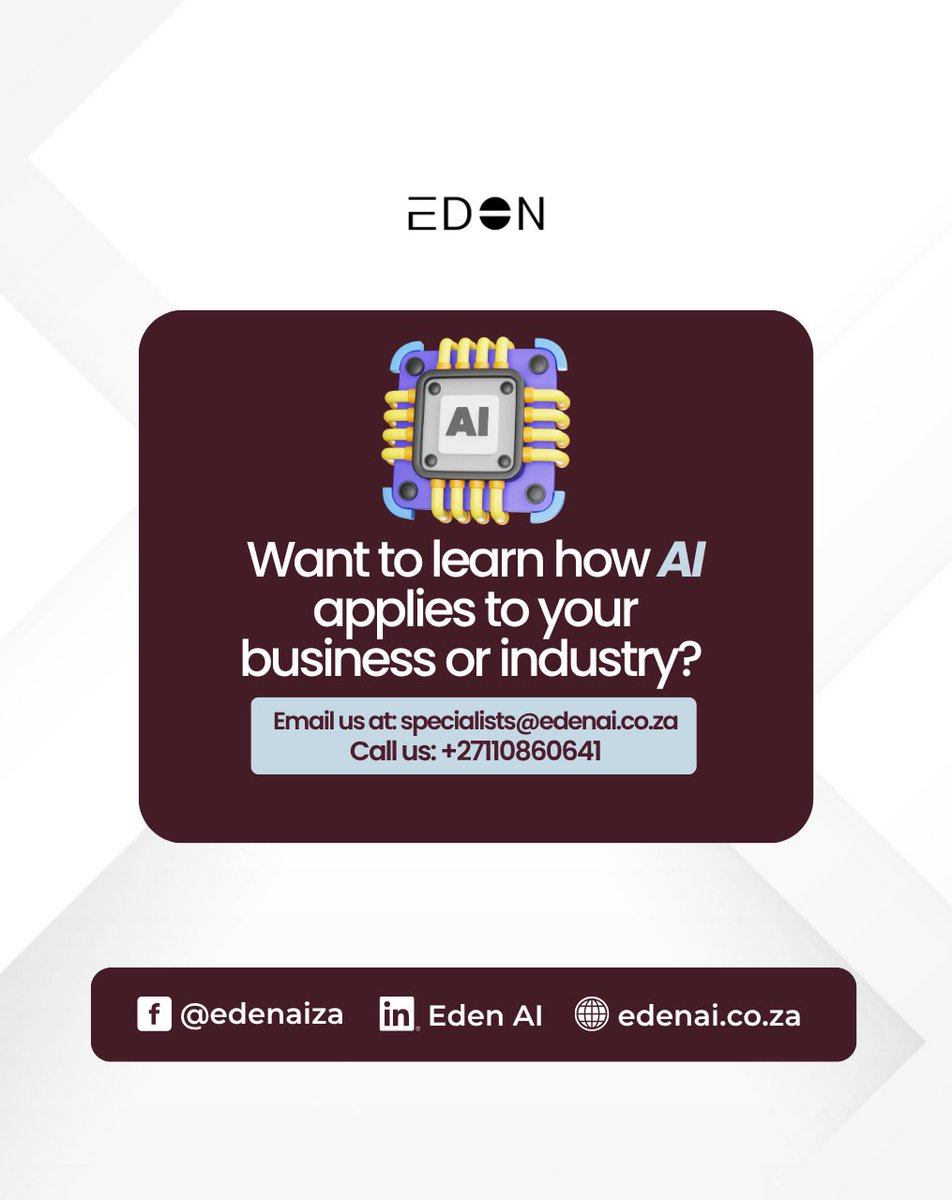 EdenAiza's tweet image. People don’t want AI theory, they want results.
At Eden AI, we help businesses move from curiosity to real impact with applied AI solutions.
Let’s talk about how AI can work for you.
📩 specialists@edenai.co.za
#EdenAI #AppliedAI #AIForBusiness #AIForImpact #DigitalTransformation