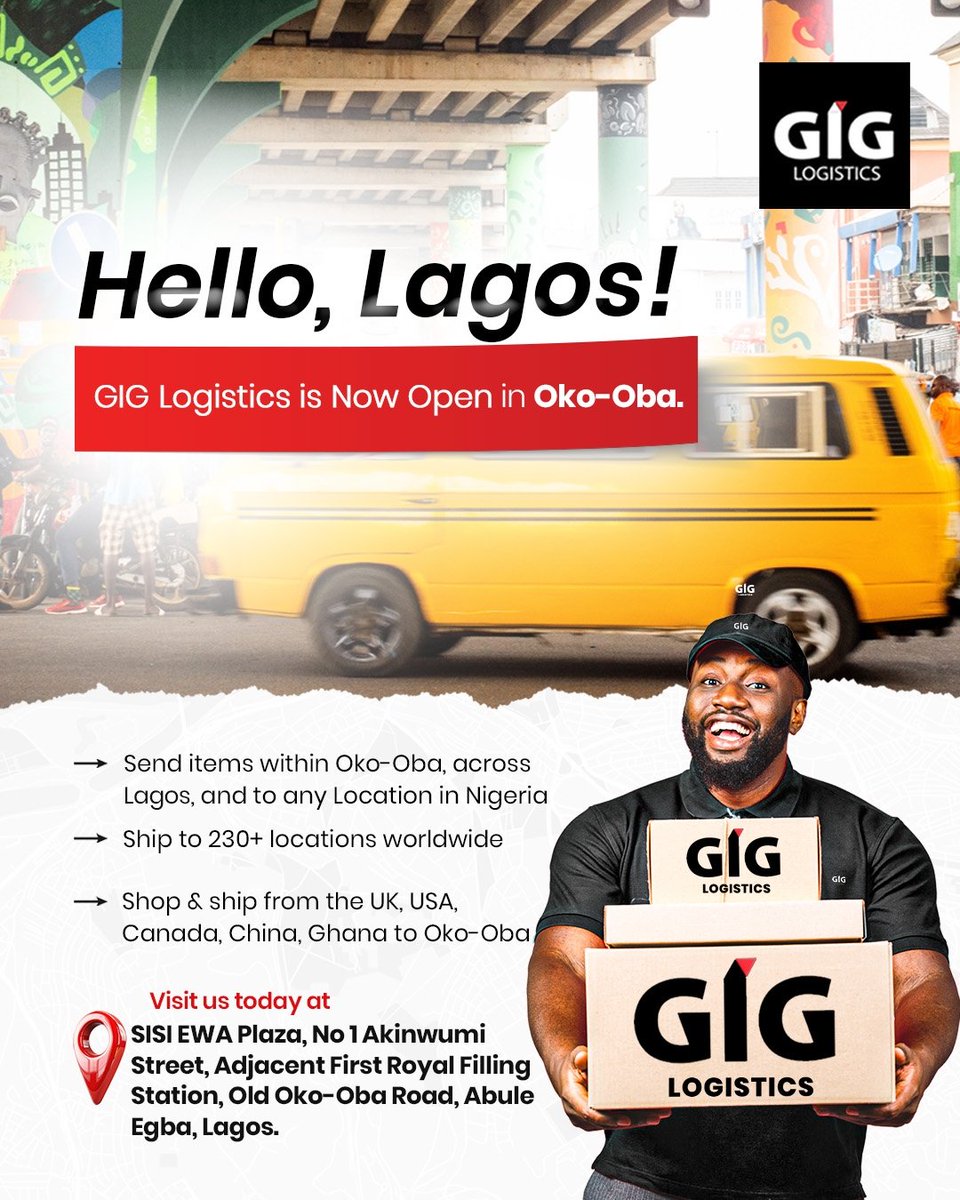 GiGLogistics's tweet image. The big day is finally HERE!

GIG Logistics is now open at SISI EWA Plaza, Oko-Oba.

Visit us today at SISI EWA Plaza, No 1 Akinwumi Street, Adjacent First Royal Filling Station, Old Oko-Oba Road, Abule Egba, Lagos.

See you there!

#GIGLogistics #WeDeliver #ExperienceCentre