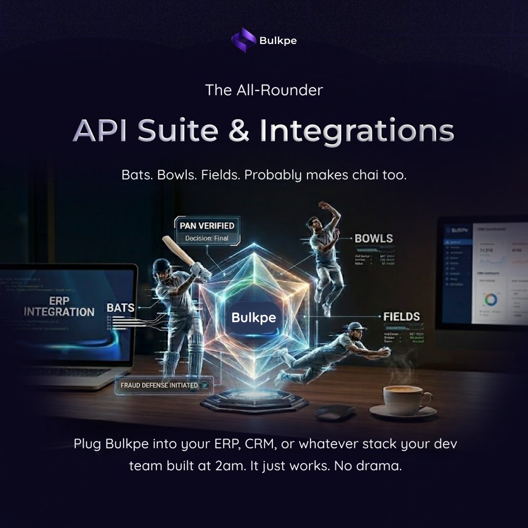Bulkpe_in's tweet photo. Your tech stack’s all-rounder 🏏

Bulkpe API Suite - plug in, and it just works.
No drama. No delays.
One API. Every role.

#Bulkpe #APIIntegration #Fintech #ERPIntegration #IPL https://t.co/gpZt3AV3dn