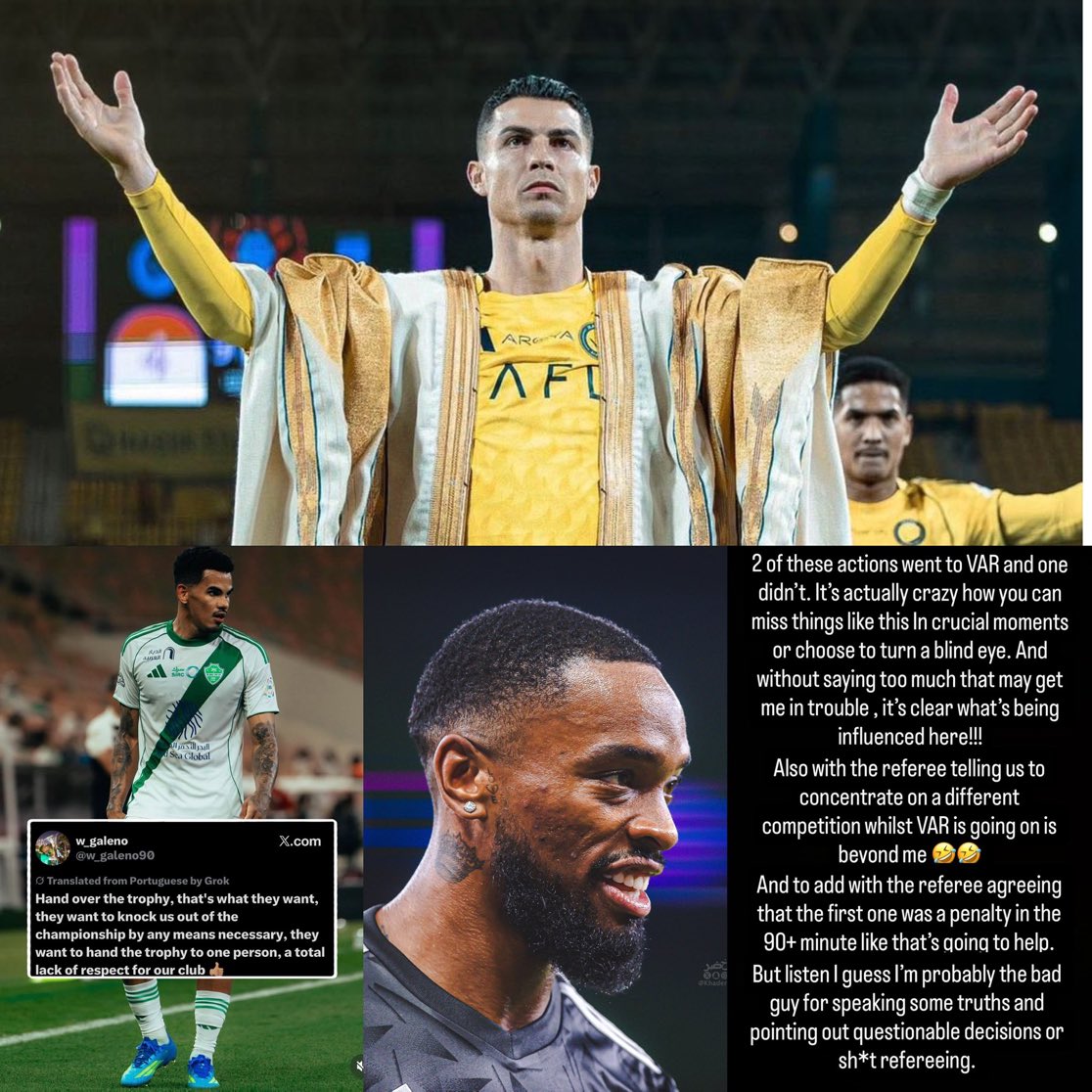 Joshua__Ubeku's tweet photo. 🚨BREAKING: Al Ahli players Ivan Toney and Galeno have accused the Saudi Committee of ROBBING the Saudi League for Cristiano Ronaldo, after the referee explicitly told them yesterday to focus on the AFC Champions League, that the league is for Al Nassr. 🤯

RONALDO IS A DISGRACE! https://t.co/gYWLK6EJiw