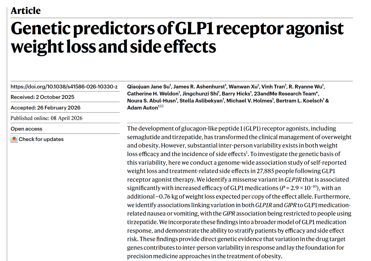 docanoopmisra's tweet photo. Precision #obesity care is here:
Variants in #GLP1R and #GIPR influence response to #Semaglutide and #Tirzepatide—affecting both weight loss (~0.76 kg/allele) and side effects.
👉 Time to move toward #genotype-guided, precision prescribing. https://t.co/X0cnS7guWP