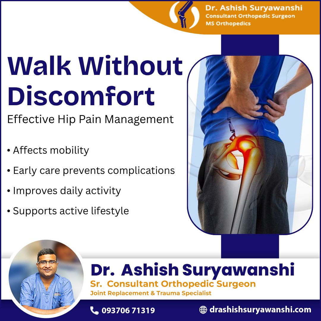 ashish_surgeon's tweet image. Hip pain can impact your mobility and independence. Early orthopedic care can help manage symptoms and improve movement.

#HipPain #OrthopedicDoctor #DrAshishSuryawanshi #Mobility #JointCare #PainRelief #HealthyJoints #PuneDoctors #BoneHealth #Wellness
