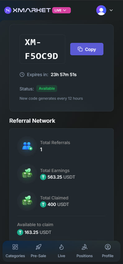 CrystaMeta65200's tweet photo. HOW I SAVED $500 IN TRADING FEES

lowkey sharing this for the bros here 👇

basically I created a second account under my own ref, traded on the sub account, and the main account gets a cut of the platform fees back,  so instead of losing fees, you’re looping it back to yourself

sounds simple but it actually works lol

@Xmarketapp model is kinda different,  they share platform fee revenue through invite codes (beta has that 7-3-2 structure), so every trade activity can generate returns if you route it right

not saying go crazy with it, but if you’re already trading prediction markets anyway, might as well optimize fees + farm XP at the same time 👀

Beta code for u: 
XM-CB6ZF0
XM-2LRNVP
XM-9O06HQ
XM-AGPLPG
XM-1WGRFC