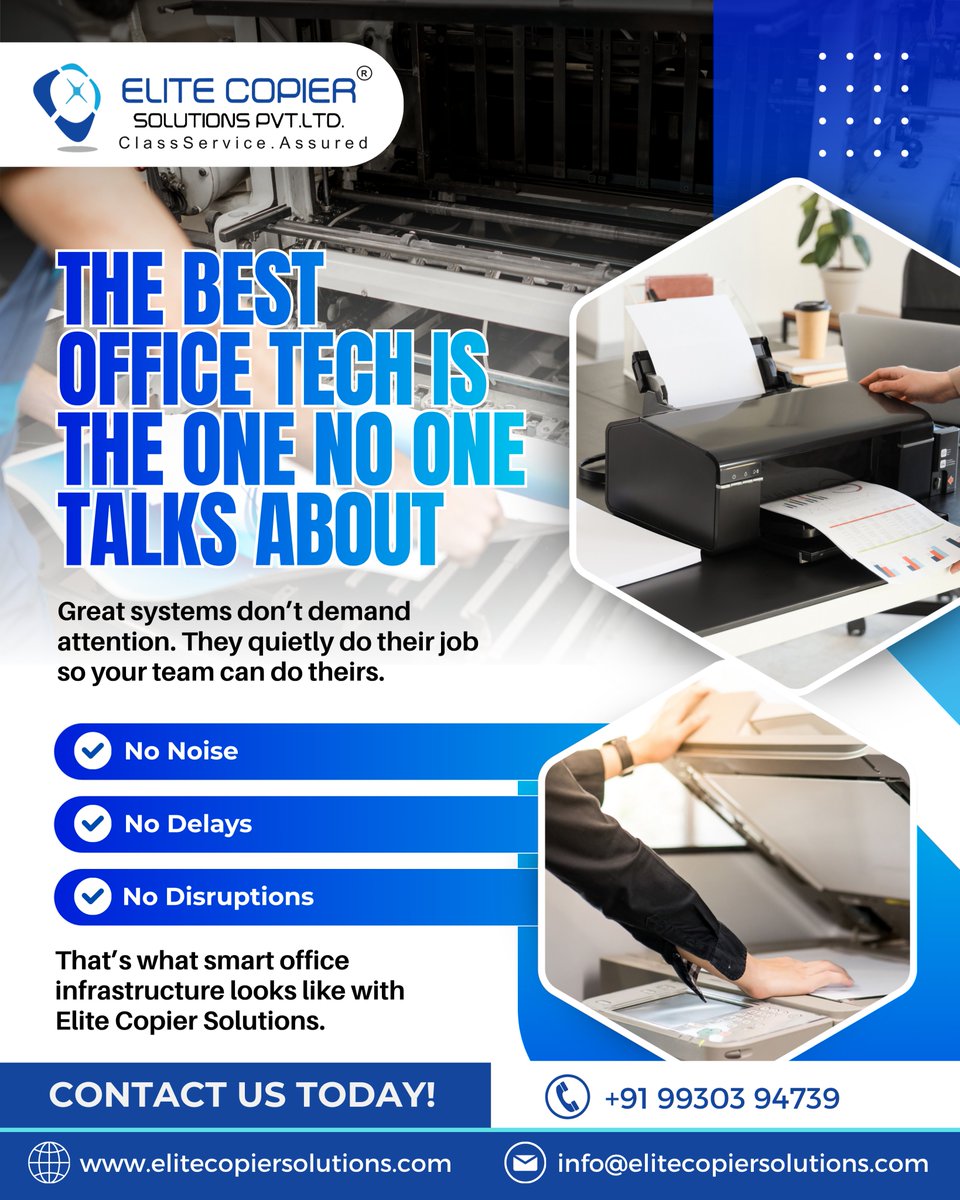 elitecopier's tweet photo. The best office tech isn’t the one you notice.
It’s the one that never interrupts you.
No noise.
No delays.
No disruptions.
Just smooth, uninterrupted work.

📞 +91 99303 94739
#EliteCopierSolutions #SmartWorkflows #OfficeEfficiency https://t.co/eMp5uN0XFK