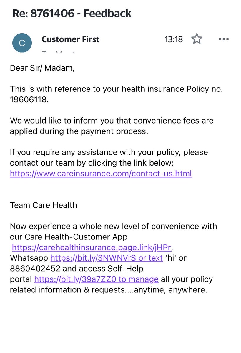 Sandeep151090's tweet photo. @careinsuranceIN @irdaindia 
Again Care Health insurance replied on mail that it is charged by bank, While bank already replied it is charged by Merchant (Care health insurance).   This insurance company making fools their customers by replying same things again and again.   @Divya_Bhaskar https://t.co/JedXf7R5hD