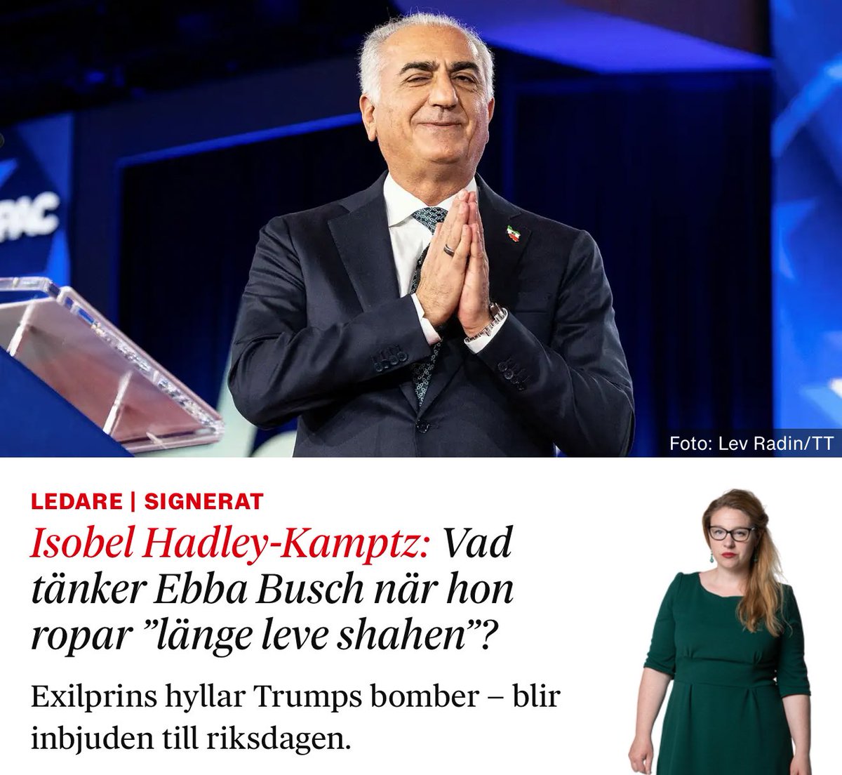 Klart att DN problematiserar att kronprinsen Reza Pahlavi bjudits in till Sveriges riksdag. 

Vad DN uppenbarligen missat är att Pahlavi står bakom Israel och USAs attacker men i ett öppet brev kritiserat länderna när viktig infrastruktur skadats. 

Sen kan man inte klandra