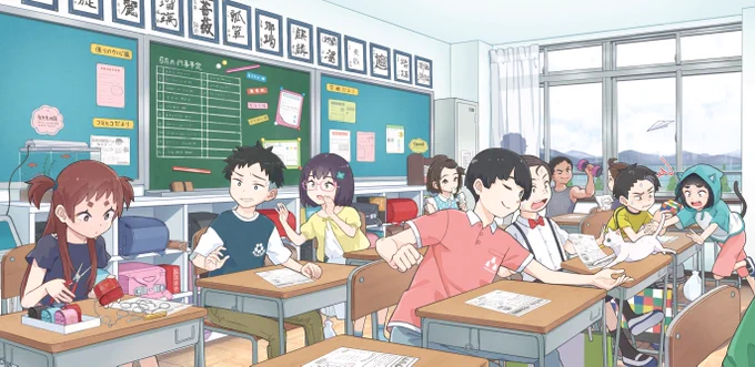 こちらは『転校先の小学校が思っていたのとちがった②』のカバーイラスト。わちゃわちゃしてるの描くの大好きです。登場人物が生徒だけで30人超えでほぼひとクラスのキャラクターができました。まだ描いてない子もいます(笑)全員にとても濃い設定があるので脇役っぽい子は一人もいない感じです