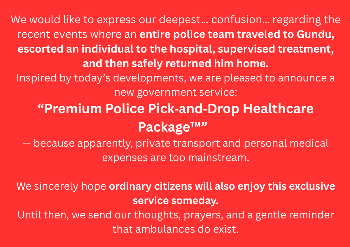 nepaldiary's tweet photo. Ladies and Gents !
“Premium Police Pick‑and‑Drop Healthcare Package™”

Thank you for your kind attention !
@NepalPoliceHQ @ShahBalen 

त्रिवि शिक्षण अस्पतालमा भर्ना भएका ओलीलाई प्रहरीले आज परिवारको जिम्मा लगाएको हो ।