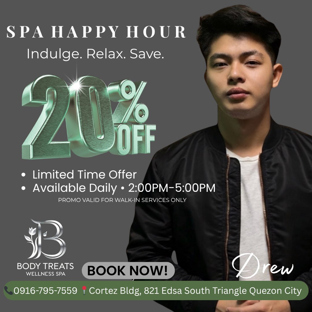 bodytreatsQC's tweet photo. Spa Happy Hour is ON this Thursday 😉
Relax. Indulge. Save.
✨ 20% OFF for walk-in service only
⏰ 2:00 PM – 5:00 PM
Perfect time to treat yourself—see you.
#SpaHappyHour #RelaxNow #BodyTreats https://t.co/ItmGMgsYer