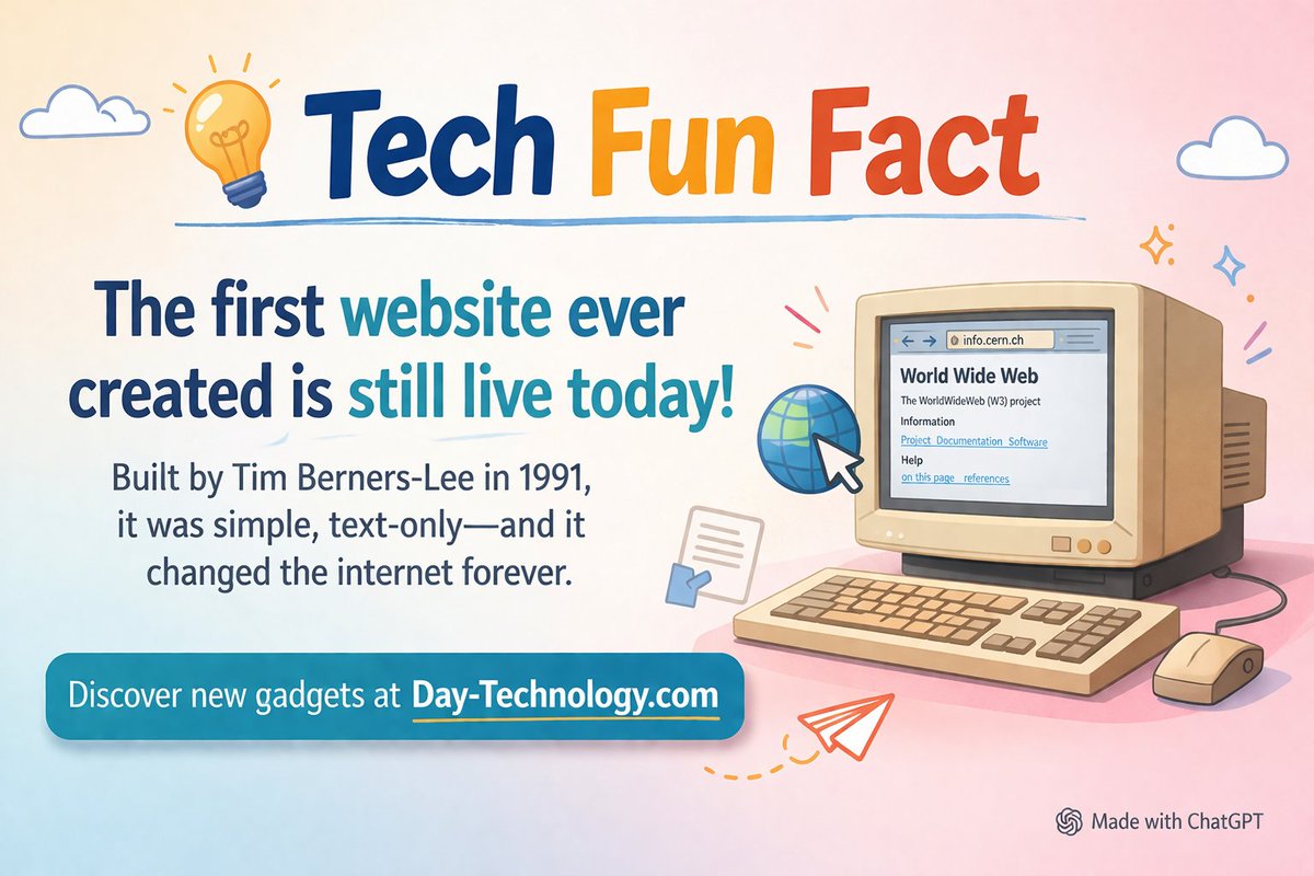 DayTechnology1's tweet image. 💡Tech Fun Fact
The first website created is still live!🌐
Built by Tim Berners-Lee in 1991, it was simple text-only which changed the internet forever.

Discover new gadgets👉Day-Technology.com

#TechFunFact #DidYouKnow #InternetHistory #TechWorld #Innovation #DayTechnology