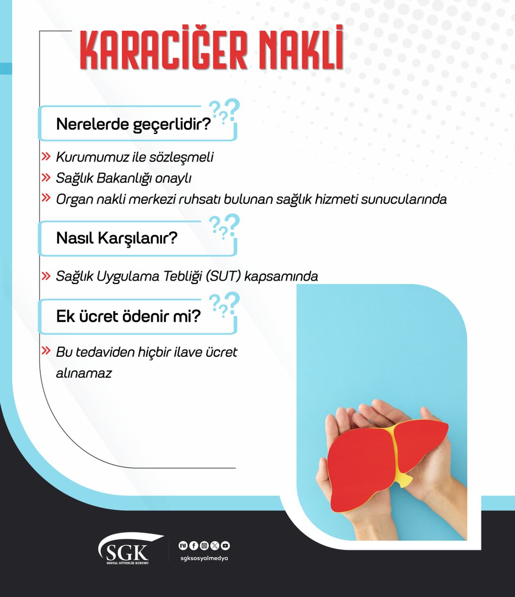 Karaciğer nakli olacak vatandaşlarımızın
• Kurumumuzla sözleşmeli
• Sağlık Bakanlığı onaylı
• Organ nakli merkezi ruhsatı bulunan sağlık hizmeti sunucularında yapılan tedavi bedellerini Sağlık Uygulama Tebliği (SUT) kapsamında karşılıyoruz.