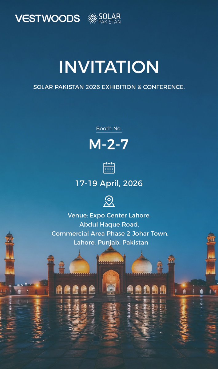 Invitation to Solar Pakistan 2026 
📅Date: April 17–19, 2026
📍Venue: Expo Centre Lahore
📌Booth: M-2-7, Hall 2
At our booth, we will showcase our latest energy storage solutions
👉we look forward to exploring cooperation with you.
#Vestwoods #HaierEnergy #Pakistan #EnergyStorage