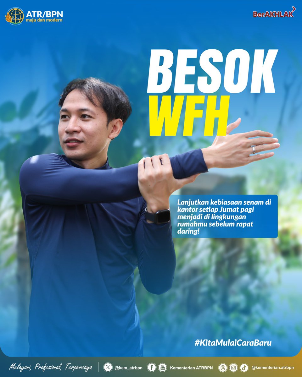 kem_atrbpn's tweet image. Halo #SobATRBPN, dalam rangka penghematan energi, Kementerian ATR/BPN menerapkan kebijakan _Work From Home_ setiap hari Jumat.

Tapi ingat, meskipun di rumah tetap harus produktif dalam pekerjaan ya Sob! 🙌

#KitaMulaiCaraBaru
#WorkFromHome
#ATRBPNMajudanModern