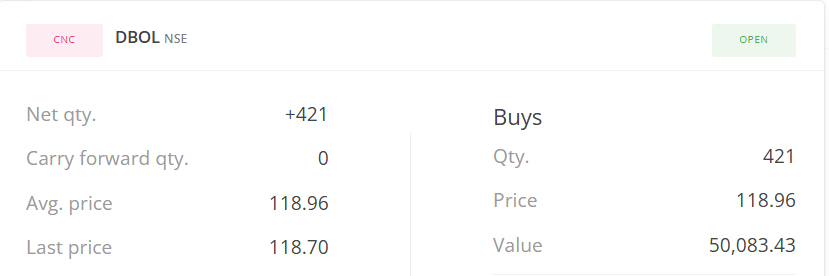 i_LateshPatil's tweet image. #NewPosition - LONG in #DBOL at 118.96
stop 2.5%

Target: Out if SL is hit or gets extended

Disclaimer : This is NOT a buy recommendation. 
Copying trade will let you lose the capital.