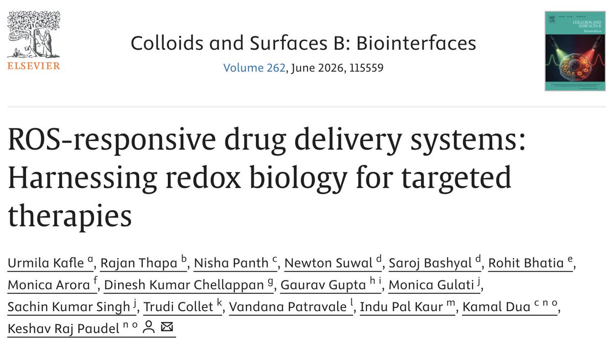 DrKeshavRajPau1's tweet photo. Review article

ROS-responsive drug delivery systems: Harnessing redox biology for targeted therapies

Colloids and Surfaces B: Biointerfaces

@Kam_Dua @SachinK00306908 @Dinesh_Kumar78 @gauravpharma25  @InduPalKaur1 @VandanaPatrava2 @DrTrudiCollet @PanthNisha @westernsydneyu https://t.co/uLjNWoCw6Z