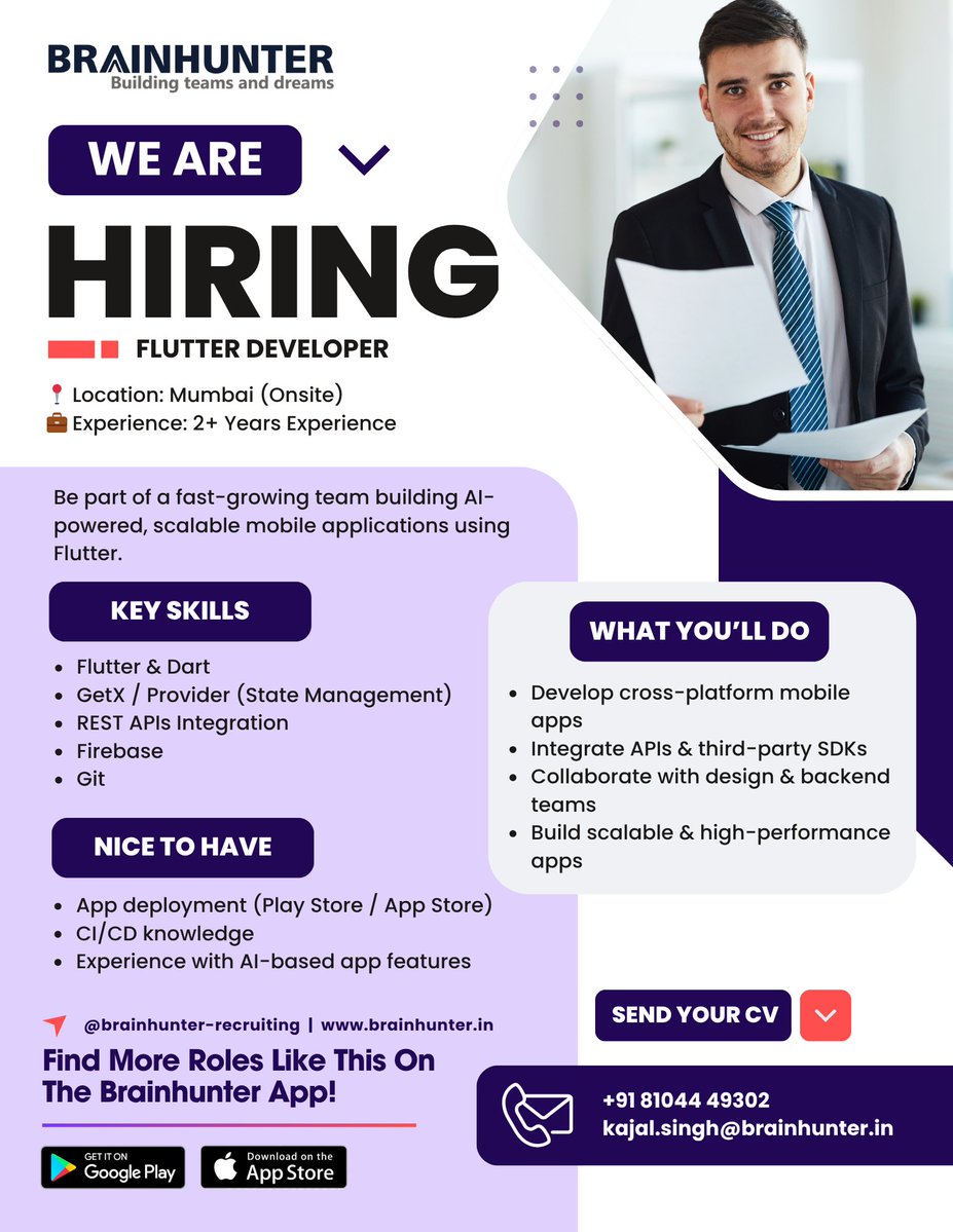Brainhunter_in's tweet image. We’re looking for a passionate Flutter Developer to join our growing team in Mumbai and work on cutting-edge, AI-powered applications. 
#Hiring #FlutterDeveloper #MobileAppDeveloper #Dart #Firebase #AppDevelopment #TechHiring #MumbaiJobs #ITJobs #HiringNow #DeveloperJobs