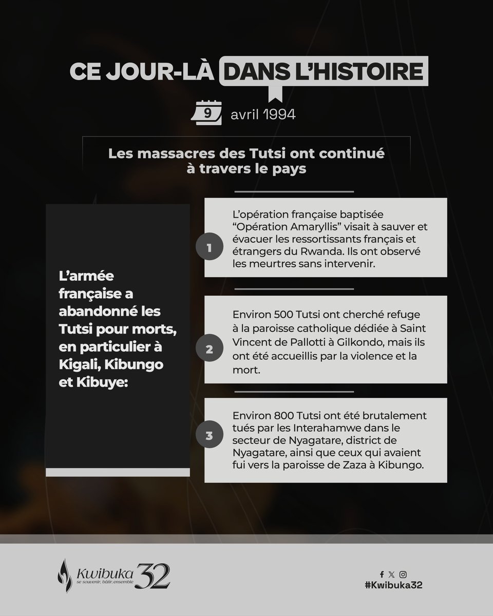 UYU MUNSI MU MATEKA

Ku wa 9 Mata 1994, ingabo z’Abafaransa zaje muri operation yo gucyura abanyamahanga, zirebera Abatutsi bicwaga ntizabatabara. Icyo gihe, Abatutsi bagera kuri 500 biciwe kuri Paruwasi Mutagatifu Visenti wa Pallotti i Gikondo.

Kwibuka twiyubaka.
---
TODAY IN