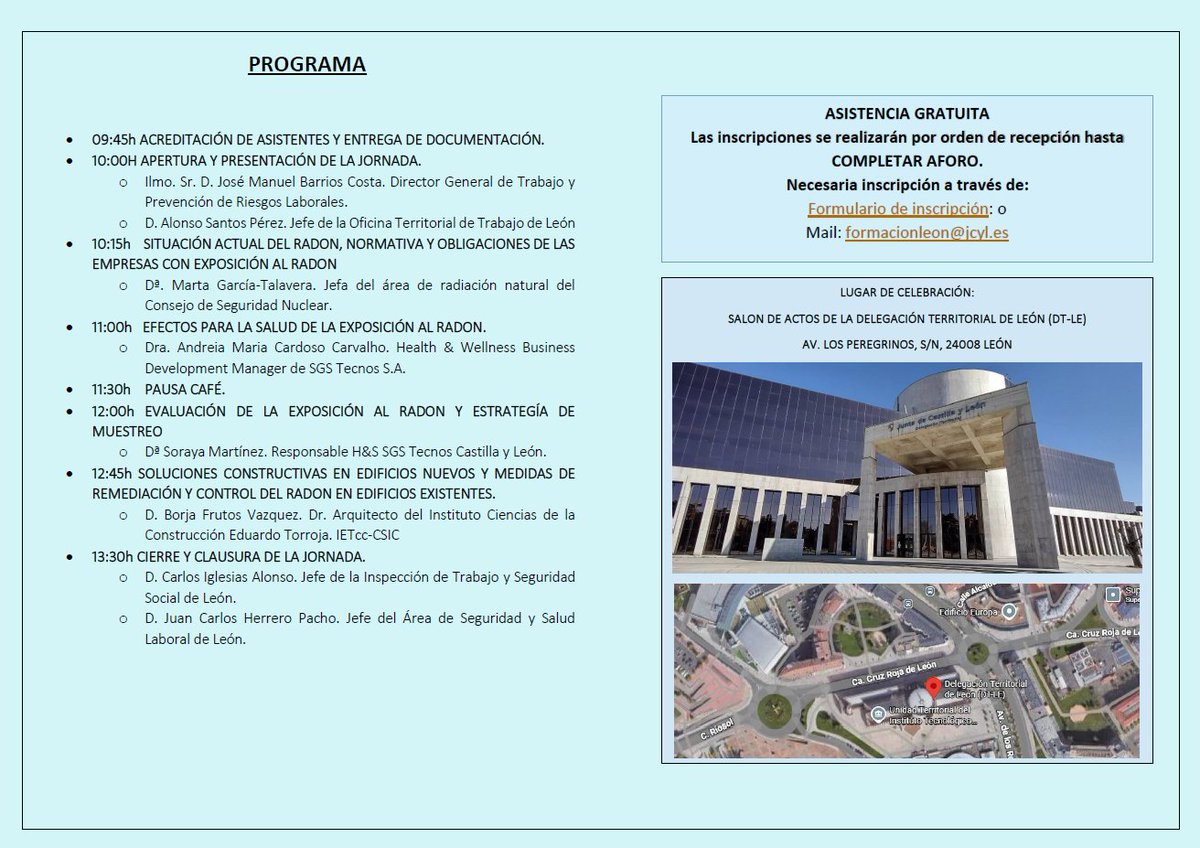 #FórmatePRL
Jornada Técnica "Gas radón: el riesgo invisible en los lugares de trabajo"
Organiza: ASSL #León 

Fecha: 20/05/26
PLAZO DE INSCRIPCIÓN hasta 18/05/26

trabajoyprevencion.jcyl.es/web/jcyl/Traba…

Con:
<a href="/CSN_es/">Consejo de Seguridad Nuclear</a> 
<a href="/SGS_SA/">SGS</a> 
<a href="/IETorroja/">Instituto E. Torroja</a> <a href="/CSIC/">CSIC</a> 

<a href="/ahora_leon/">ahora_leon</a> <a href="/Digitaldeleon/">Digital de León</a> <a href="/leon7dias/">Leon7dias.com</a>