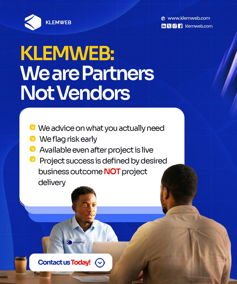 klemweb's tweet photo. You Need A Technology Partner Not A Technology Vendor

 #Klemweb #TechnologyPartner #NigerianBusiness #DigitalTransformation #ITConsulting #BusinessGrowth #TechLeadership https://t.co/fRK7YpYaBY