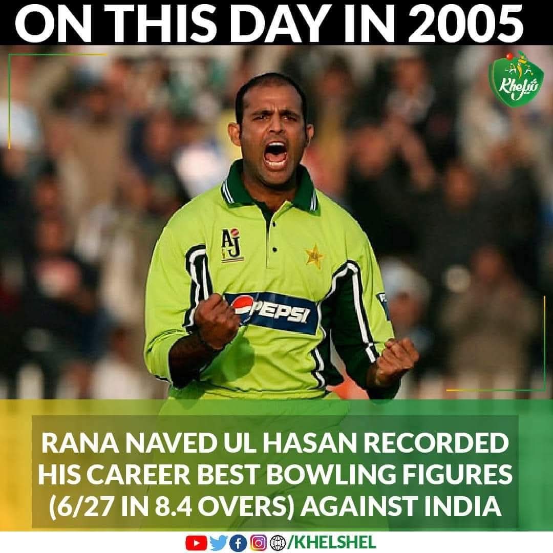 khelshel's tweet image. #OnThisDay in 2005,
Rana Naved Ul Hasan's match winning spell (6/27 in 8.4 overs) helped Pakistan beat India by 106 runs defending 319 in 3rd ODI at Jamshedpur.

#PAKvIND | #Cricket | #Pakistan | #India | #Jamshedpur | #RanaNaved