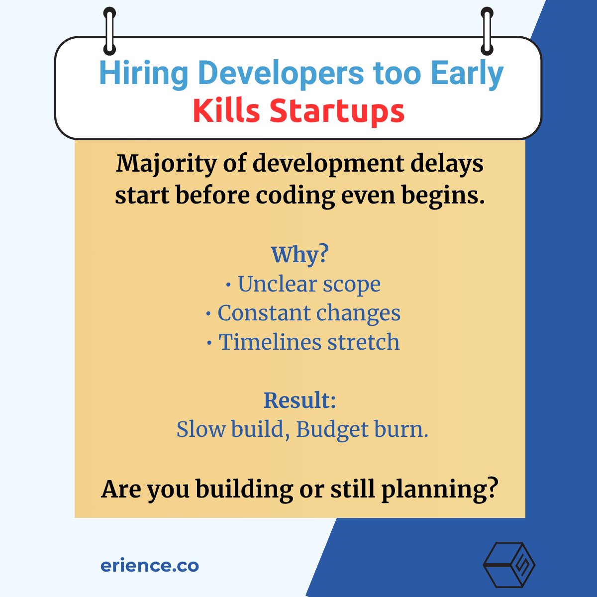 Hiring feels like progress..
      But when scope isn’t clear,
      it slows everything down.

👉 Fix clarity first. Then scale.

Building something? 
Reach us via ➡️erience.co