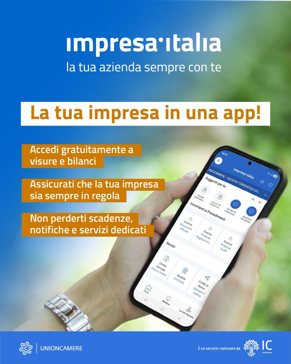 infocamere's tweet photo. Scopri la nuova versione dell’app 𝗶𝗺𝗽𝗿𝗲𝘀𝗮 𝗶𝘁𝗮𝗹𝗶𝗮: sviluppata con gli imprenditori, adatta a ogni impresa e pensata per semplificare la tua giornata. 
La tua azienda, sempre con te. 
Scaricala gratis👉https://t.co/G6c9Ck26aK 

@CamCom_gov @PID_CamCom @unioncamere https://t.co/eh7aDEXSXD