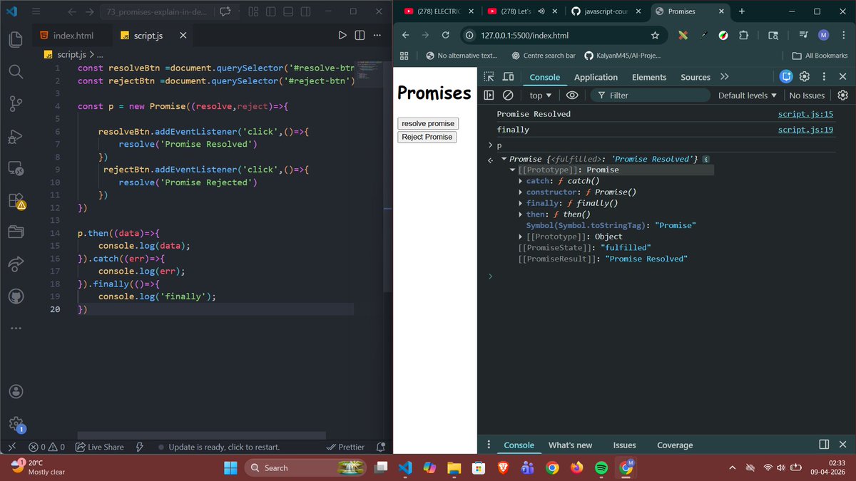 Ashab__683's tweet photo. Learned about Promises in JavaScript today 🚀

They make async code cleaner and help solve callback hell using .then(), .catch(), and .finally() 🔥

#JavaScript #100DaysOfCode #WebDev #ay90 https://t.co/jGXJkkNAcE