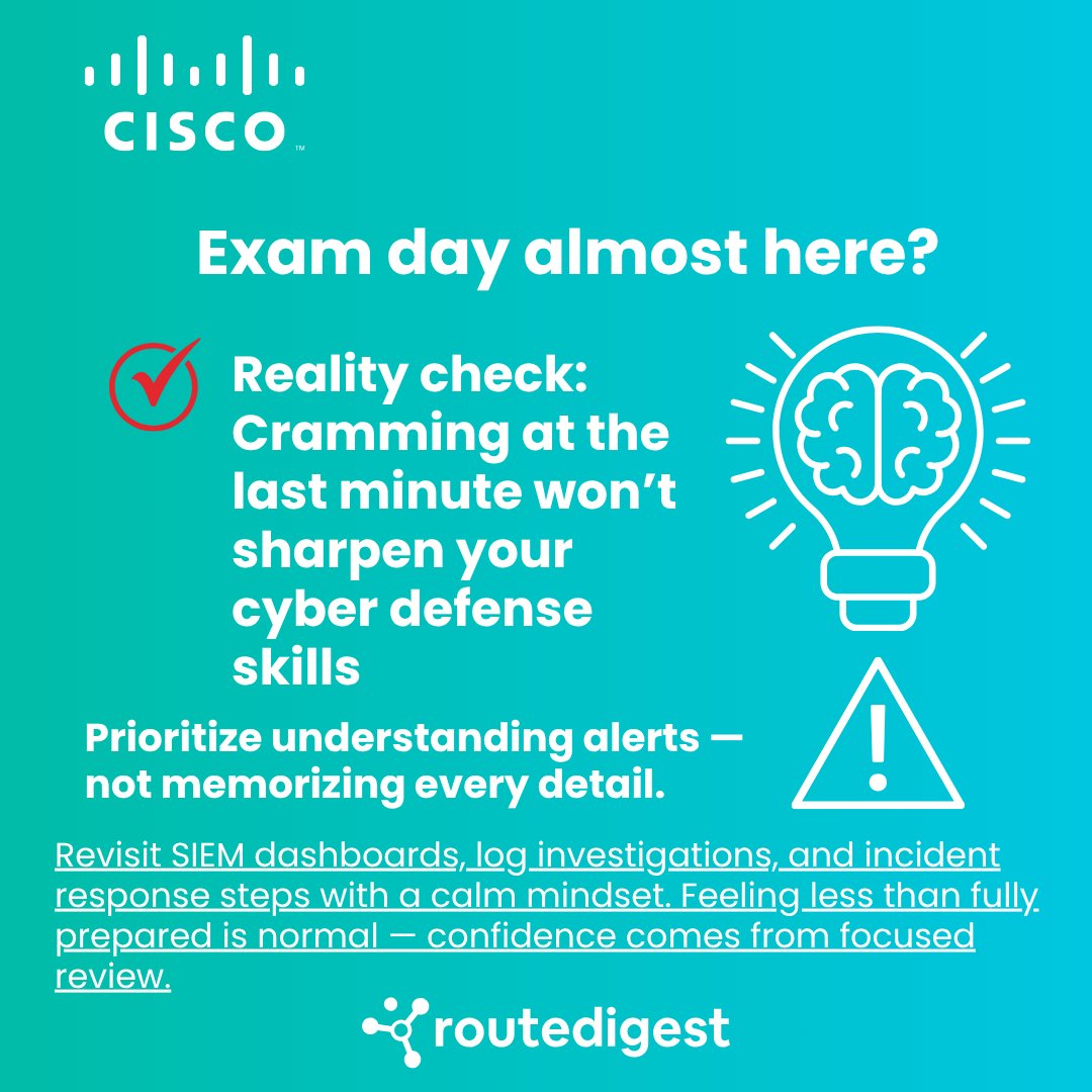 RouteDigest's tweet photo. CBROPS exam coming up? 🛡️

Shift from stress to strategy. Review SIEM alerts, log analysis, and incident response to boost confidence.

🎯 Focused prep beats last-minute cramming.

#CiscoCyberOps #CBROPS #Cybersecurity #SOCAnalyst #ExamPrep #CiscoCertification #BlueTeam #ITCert https://t.co/57KWl9EZsu