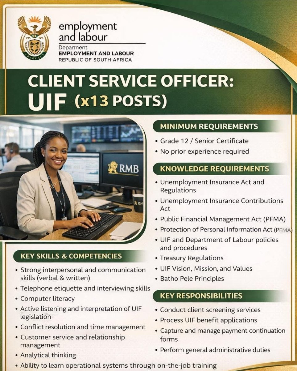 CarolBoitumelo1's tweet photo. Client Service Officer (X13 Posts) 

Salary: R269 499 per year 
Closing Date: 14 April 2026
Requirement: Grade 12, No Experience 

APPLY HERE: https://t.co/bwke5KkXjQ https://t.co/N7G15YQ1fq