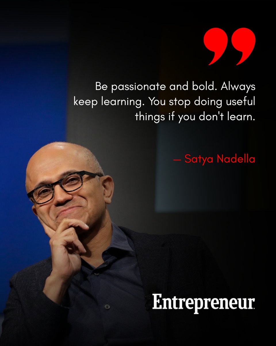 EntrepreneurAPJ's tweet image. Keep learning, keep growing. 📈
Satya Nadella reminds us that passion, bold thinking, and continuous learning are the real drivers of innovation, leadership, and long-term success.

#SatyaNadella #GrowthMindset #Leadership #ContinuousLearning #Innovation #SuccessMindset