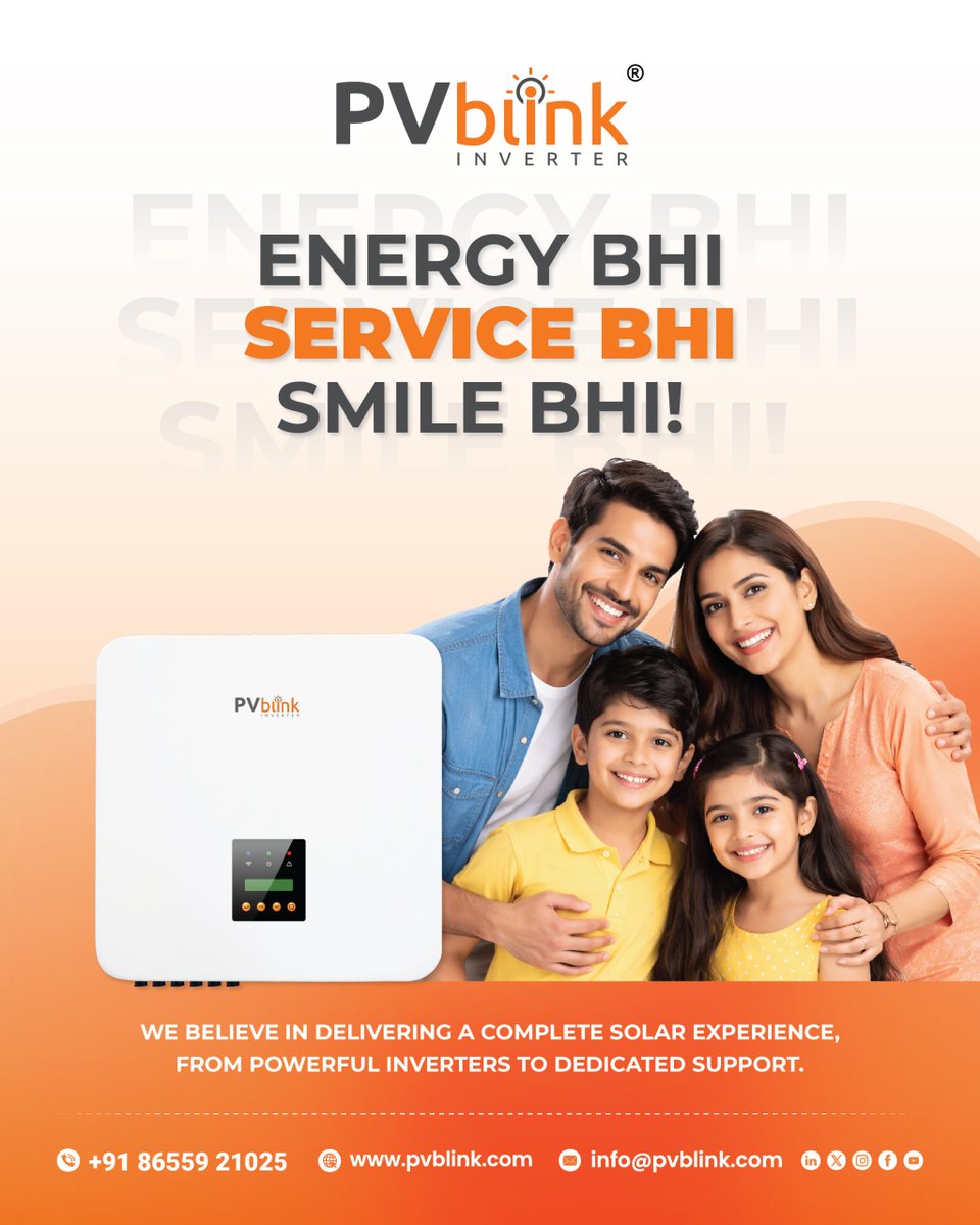PVblinkInverter's tweet image. More than just energy-it’s about experience⚡

With #PVblink, you get powerful #solarsolutions backed by dedicated #serviceandsupport that keeps you smiling.

Your satisfaction is our priority.

📞+91 8655921025         
🌐pvblink.com

#CustomerFirst #solarsolutions