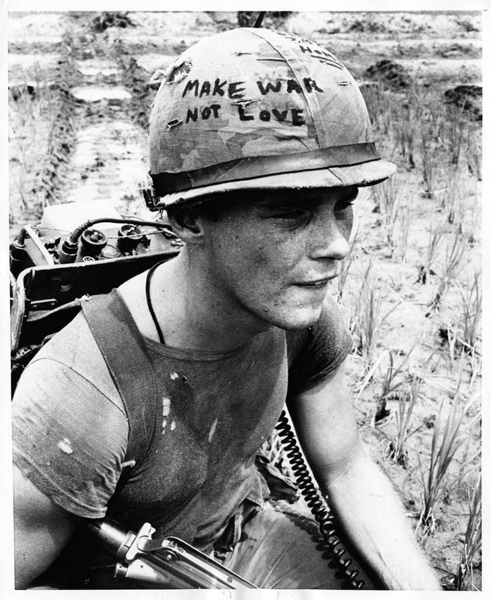 ming_hu's tweet photo. The image that became the cover of The Smiths’ Meat Is Murder (1985) was taken from the poster for Emile de Antonio’s documentary In the Year of the Pig (1967), featuring Marine Michael Wynn. The slogan on his helmet, “Make War, Not Love,” was later changed to “Meat Is Murder.” https://t.co/NwNkDRR5wf
